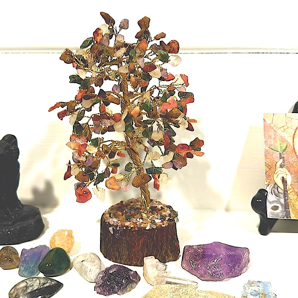 Home crystal tree gold leaf wire bends made with semi precious stones 8 inch